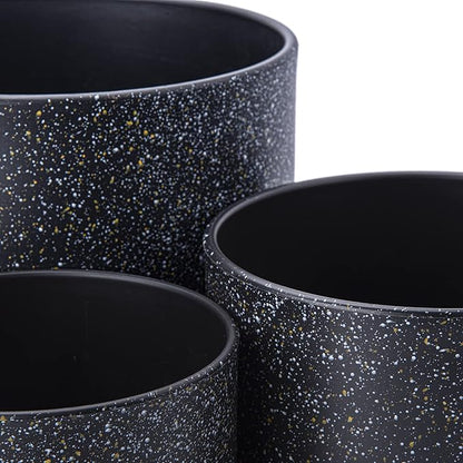 D'vine Dev 6.5 Inch 8 Inch 10 Inch, Set of 3 Plastic Planter Pots for Plants with Drainage Hole and Seamless Saucers, Speckled Black Color, Large, 74-V-F-4