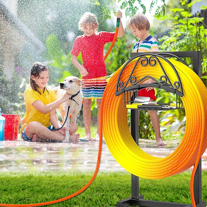 Garden Hose Holder, 4 Spikes Freestanding Water Hose Holder Reels, Heavy Duty Detachable Hose Stand with Storage Basket for Outside Yard Lawn (B-4 Spikes)