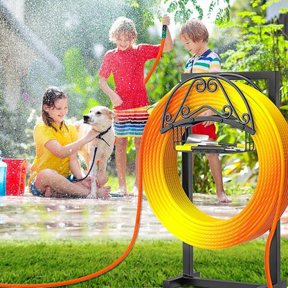 Garden Hose Holder, 4 Spikes Freestanding Water Hose Holder Reels, Heavy Duty Detachable Hose Stand with Storage Basket for Outside Yard Lawn (B-4 Spikes)