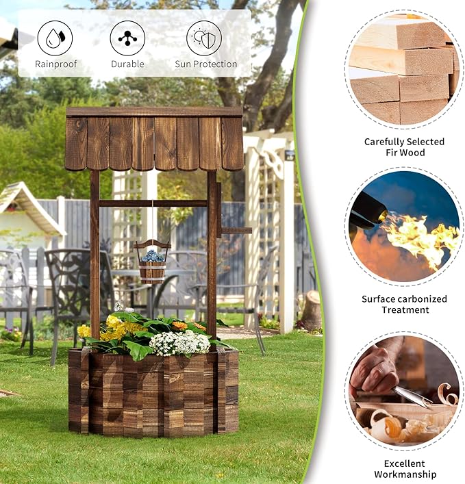 Aoxun Outdoor Wooden Wishing Well Planters with Hanging Bucket, Garden Helper, Rustic Garden Decor for Outside, Yard and Patio, Upgrade - Reinforced Base, Brown