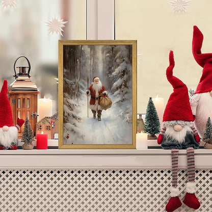 Christmas Wall Art, Vintage Santa Claus Wall Decor, Santa Claus Is Coming To Town Painting Artwork Canvas Prints, Country Winter Christmas Holiday Poster Pictures for Home Bedroom 12x16 Inch Framed