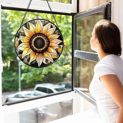 Stained Glass Window Hanging - Sunflower Suncatcher for Door Garden Patio Retro Flower Sun Catchers Decor Christmas Mother's Day Birthday Gifts for Women Mom Nana Friend Wife 6.3 in