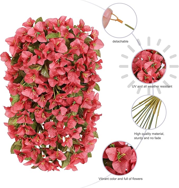 Bougainvillea Artificial Flowers Fake Plants for Outdoors Winter Decoration, 2 pcs Faux Long Trailing Vines UV Resistant Look Real Red Silk Flowers for Outside Planter Front Door Porch Urn Yard Patio