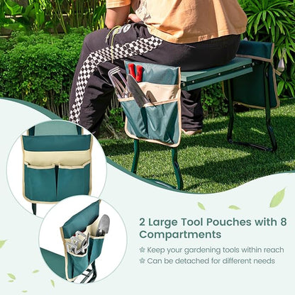 Goplus Garden Kneeler and Seat, Foldable Garden Bench for Kneeling & Sitting, Widened 8" EVA Soft Foam Pad, Heavy-Duty Garden Stool w/ 2 Large Tool Pouches, Gardening Gift for Women Men Seniors