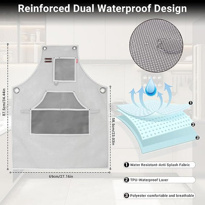 Waterproof Work Apron for Chefs, Hair Stylists, Artists, Gardeners, Adjustable, Multi-Pockets, TPU Mesh Fabric, Plus Size
