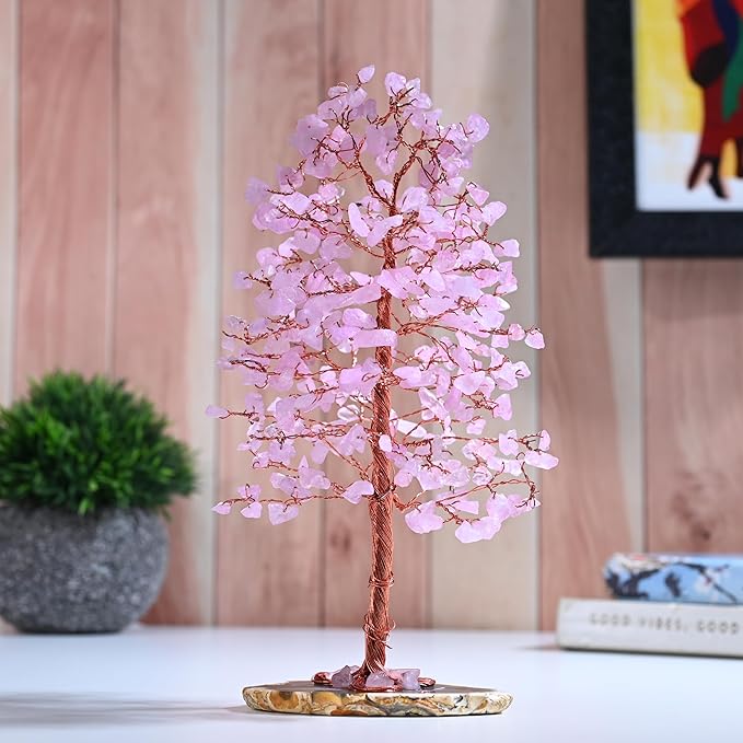 "Rose Quartz Gemstone Tree of LifeNatural Reiki Crystals Gemstone Chakra Tree for Positive Energy, Geode Agate Slice Base, Feng Shui Decor, Good Luck Money Bonsai, Healing Stones, Spiritual Gift"