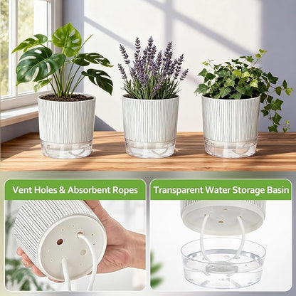 6 Pack Self Watering Pots for Indoor Plants, Flower Planters with Wick Rope & Reservoir, 4" + 5.5" Plastic Pots for African Violet, Orchid, Succulent, Herbs