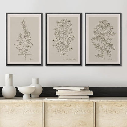 Ashbrook Framed Canvas Print Wall Art Set Duotone Vintage Flowers Nature Wilderness Illustrations Modern Art Decorative Floral Botanical Minimal Calm/Relax/Cozy for Bedroom - 24"x36"x3 BLACK