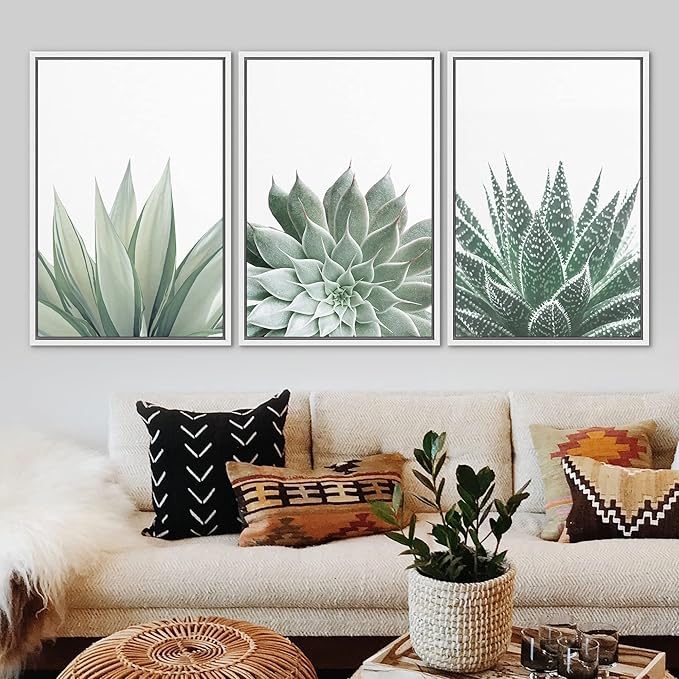 Ashbrook Framed Canvas Print Wall Art Set Green Desert Cactus Succulent Variety Nature Wilderness Photography Modern Art Minimal Chic Colorful for Living Room, Bedroom, Office - 16"x24"x3 White