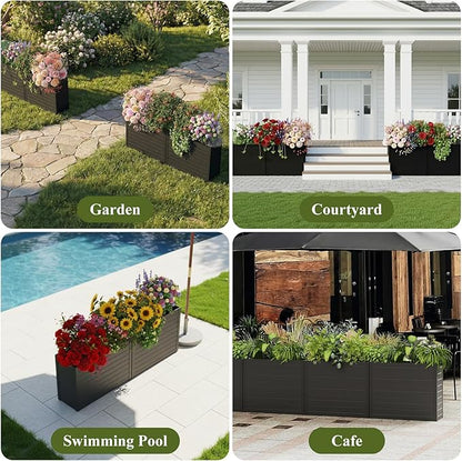 Outdoor Planter Box, Large Rectangular Planter with Removable Drip Tray, Suitable for Indoor or Outdoor Patios/Porches, Ideal for Planting Plants, Flowers, and Gardening (Black)