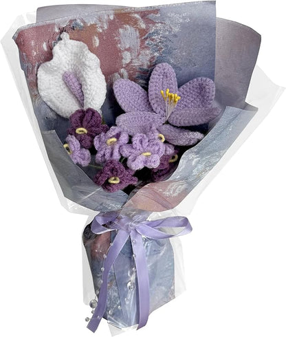 Purple Tulip Baby's Breath Peace Lily Crochet Flowers Bouquet Handmade Knitted Artificial Flowers Home Decor