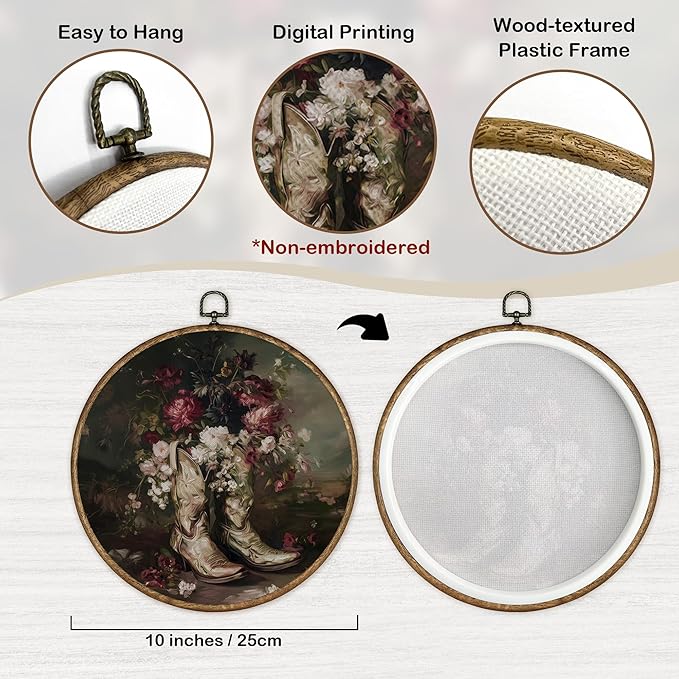TLESKE Moody Floral Western Cowgirl Round Wall Art Decor Framed 10x10, Preppy Cowgirl Boot Canvas Wall Art Prints Artwork, Dark Academia Cottagecore Hanging Wall Picture Room Door Decor for Bedroom