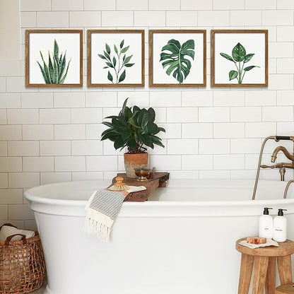 ArtbyHannah Framed Bathroom Wall Decor, Botanical Wall Art with Sage Green Plant Print for Bedroom Decoration, Minimalist Restroom Decor(Walnut, 8x8 Inch)