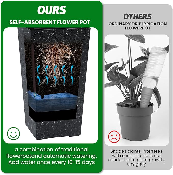 22.5'' Tall Planters for Outdoor & Indoor, Self Watering Plant Pots Set of 2 with Water Level Monitor & Drainage, Automatic Watering for Patio Garden, Black