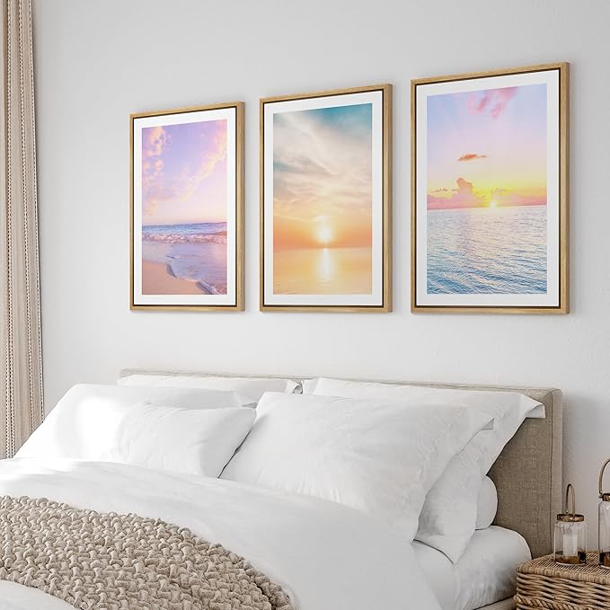 Ashbrook Framed Wall Art Print Set Pastel Dawn Sunset Ocean Beach Wave Landscape Nature Wilderness Photography Modern Art Scenic Colorful Chic for Living Room, Bedroom, Office - 24"x36"x3 Natural