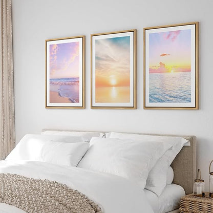 Ashbrook Framed Wall Art Print Set Pastel Dawn Sunset Ocean Beach Wave Landscape Nature Wilderness Photography Modern Art Scenic Colorful Chic for Living Room, Bedroom, Office - 24"x36"x3 Natural