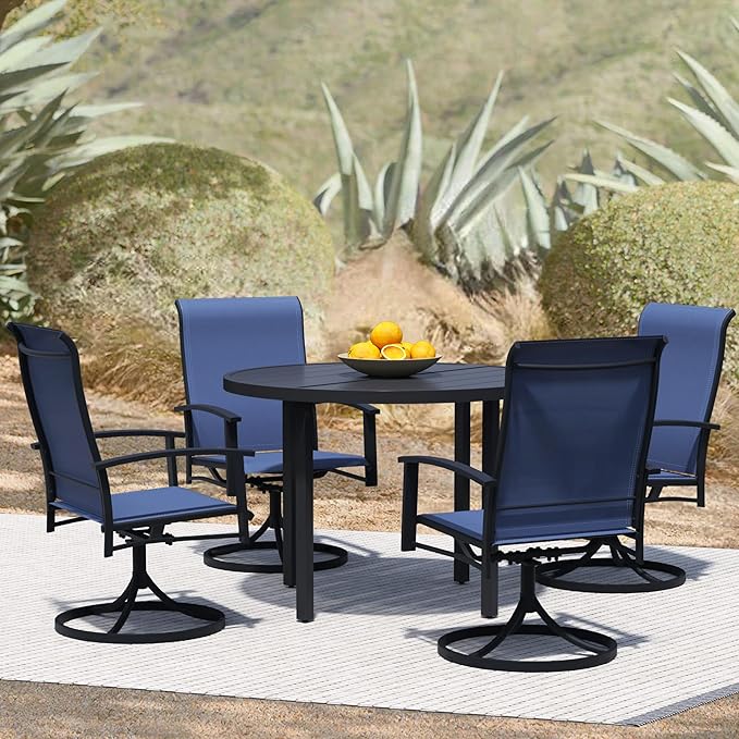 5 Piece Outdoor Dining Set, 42" Black Round Outdoor Dining Table with 4 Blue Swivel Patio Table and Chair Set of 4 for Lawn, Garden, or Porch