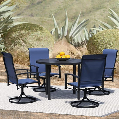 5 Piece Outdoor Dining Set, 42" Black Round Outdoor Dining Table with 4 Blue Swivel Patio Table and Chair Set of 4 for Lawn, Garden, or Porch