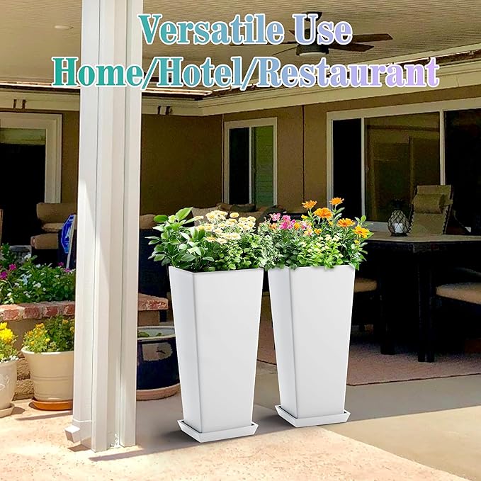 24 Inch Tall Tapered Square Planters (Set of 2) - Indoor Outdoor Large Flower Pots with Built-in Drainage & Matching Water Tray for Patio, Garden, Home - White