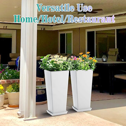 24 Inch Tall Tapered Square Planters (Set of 2) - Indoor Outdoor Large Flower Pots with Built-in Drainage & Matching Water Tray for Patio, Garden, Home - White
