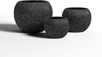 DTY Signature Mount Sherman Modern Indoor Outdoor Fiberstone Sphere Planter, Durable Round Garden Pot, Weather Resistant, Drainage Hole & Rubber Plug,Planter for Christmas Tree (Ribbed Black, Medium)