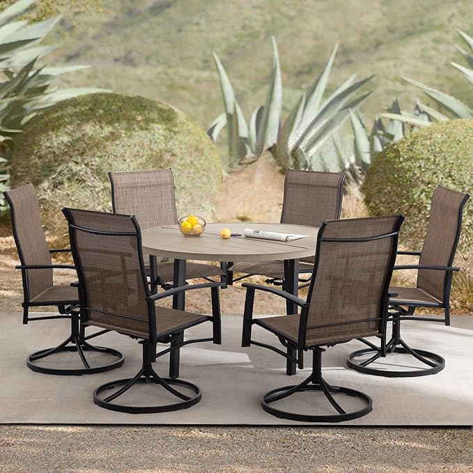 7 Piece Outdoor Dining Set, 47" Honey Oak Round Outdoor Dining Table with 6 Mocha Swivel Patio Table and Chair Set of 6 for Lawn, Garden, or Porch