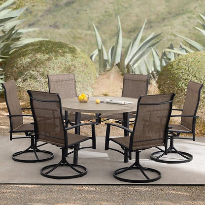7 Piece Outdoor Dining Set, 47" Honey Oak Round Outdoor Dining Table with 6 Mocha Swivel Patio Table and Chair Set of 6 for Lawn, Garden, or Porch