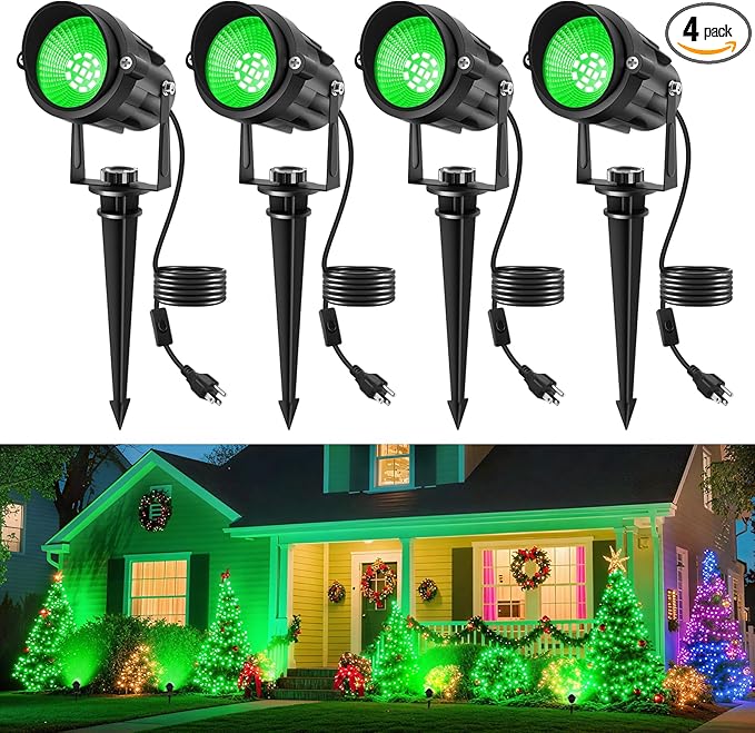 Christmas Green Landscape Lights Outdoor, 14 LED Landscape Lighting with US Plug, IP65 Waterproof Spotlights for Tree Yard Garden Pathway St. Patrick's Day Halloween Decor 4 Pack