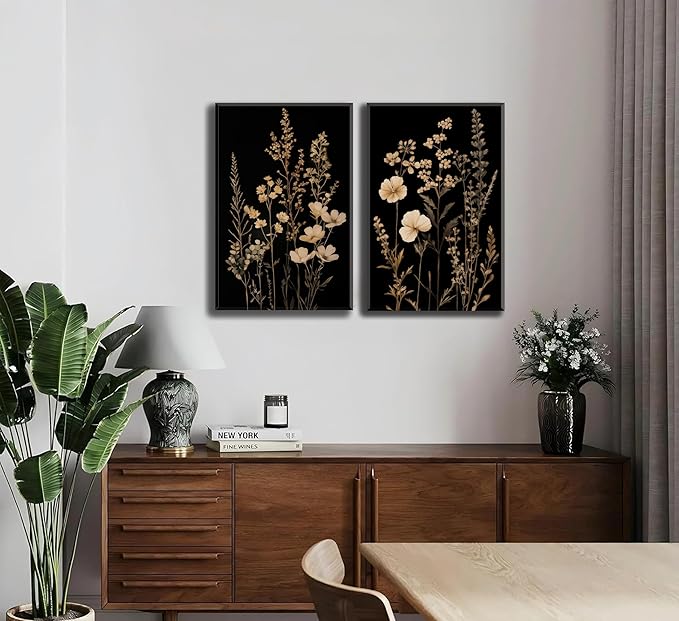 2Psc Dark Botanical Wall Art Vintage Black Flower Painting Picture Wall Decor Moody Flower Poster Print Artwork for Living Room Bedroom or Office Home Decoration 16x24 Inch