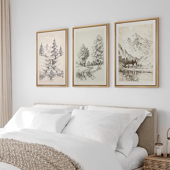 Ashbrook Framed Canvas Print Wall Art Set Vintage Country Forest Landscapes Nature Wilderness Illustrations Fine Art Floral Botanical Minimal Calm/Relax/Cozy for Bedroom - 16"x24"x3 NATURAL