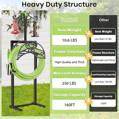 TomCare Garden Hose Holder with 2 Shepherds Hooks Upgraded Heavy Duty Water Hose Holder Holds 160 FT Hoses Freestanding Hose Reel with 2 Tool Hooks Outdoor Hoses Storage Hanger for Outside Yard, Black