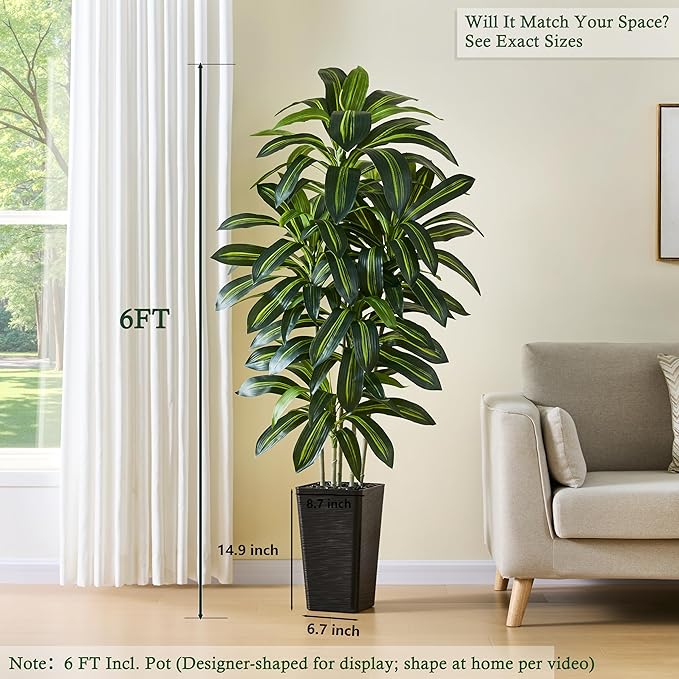 Artificial Dracaena Tree：6FT Faux Silk Tropical Yucca Floor Trees Realistic Fake Green Plant with Natural Wood Trunk & Lifelike Leaves for Home Office Decor Indoor & Outdoor (6FT,1-Pack,Black)