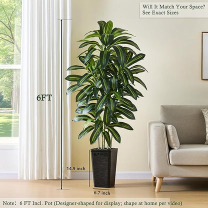 Artificial Dracaena Tree：6FT Faux Silk Tropical Yucca Floor Trees Realistic Fake Green Plant with Natural Wood Trunk & Lifelike Leaves for Home Office Decor Indoor & Outdoor (6FT,1-Pack,Black)