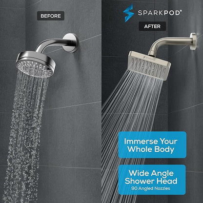 SparkPod Shower Head - High Pressure Rain - Premium Quality Luxury Design - 1-Min Install - Easy Clean Adjustable Replacement for Your Bathroom Shower Heads (Elegant Brushed Nickel, 8 Inch Square)