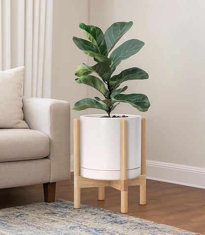 D'vine Dev Ceramic Planter with Natural Stand - 10 Inch Modern Round Flower Pot with Wood Planter Holder, Oatmeal, 55-B-K-8