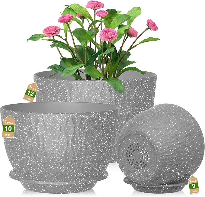 12/10/9 Inch Planter Pots, 3-Pack Large Flower Pots for Indoor Outdoor Garden Plants, Big Plant Pots with Multi Mesh Drainage Holes and Saucer (Speckled Grey, 12"+10"+9")