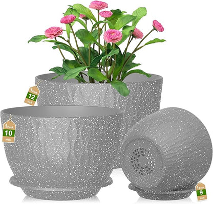 12/10/9 Inch Planter Pots, 3-Pack Large Flower Pots for Indoor Outdoor Garden Plants, Big Plant Pots with Multi Mesh Drainage Holes and Saucer (Speckled Grey, 12"+10"+9")