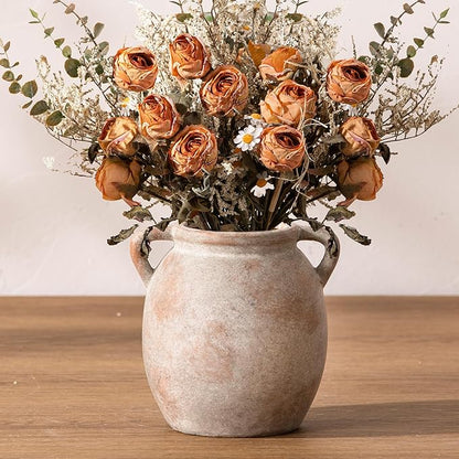 Ceramic Flower Small Vase 6 inch Farmhouse Rustic Vase Decorative Pottery Terracotta Vases for Home Decor Table Mantle Fireplace Living Room Bathroom Wedding Centerpiece