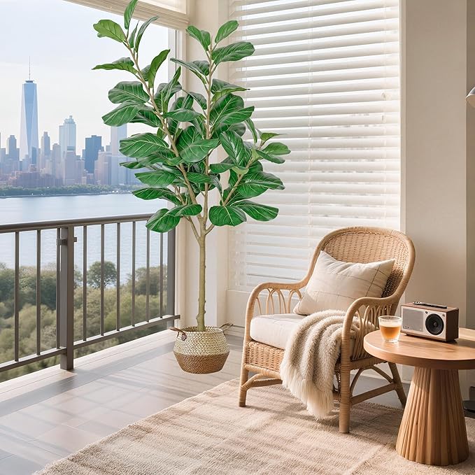 Artificial Fiddle Leaf Fig Tree, 6FT Tall Faux Ficus Lyrata Fake Tree in Black Pot Large Faux Plant for Indoor Outdoor Home, Office, Living Room Decor, Housewarming Gift