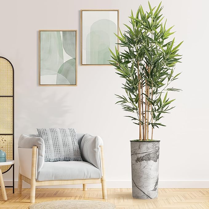 Artificial Tree in Gray Marble Effect Planter, Fake Bamboo Silk Tree for Indoor and Outdoor Home Decoration - 70" Overall Tall (Plant Pot Plus Tree)