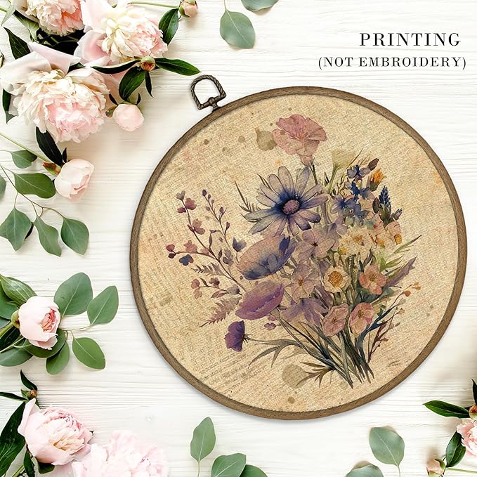 MAQIKA Vintage Flower Framed Wall Art Decor, Wildflower Wall Art, Farmhouse Botanical Round Wall Hanging Decor, Boho Purple Floral Canvas Prints Wall Art for Dorm Room Kitchen Bathroom, 10x10 Inch