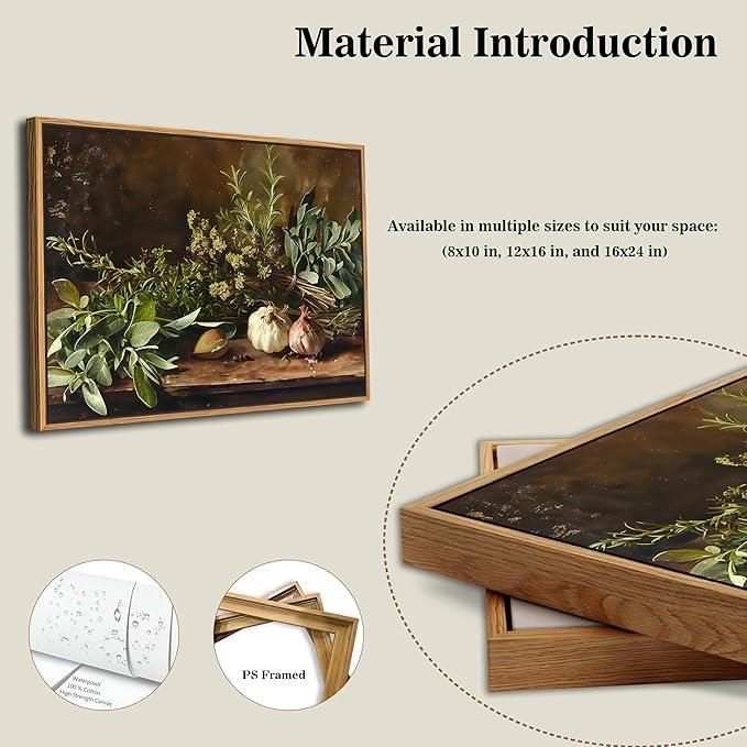SAMHOU Floating Framed Canvas Wall Art, Vintage Aesthetic Kitchen Wall Decor, Nature Botanical Poster Prints for Farmhouse Living Room Dining Room Bedroom Home Decor 16x24 inch