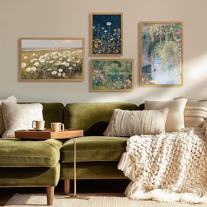 CAZLOUC Vintage Monet Floral Wall Art, Rustic Still Life Canvas Painting, Impressionist Pond Duck Wall Decor, Watercolor Botanical Landscape Poster Print for Bedroom Bathroom Wood Framed 12x16 Inch