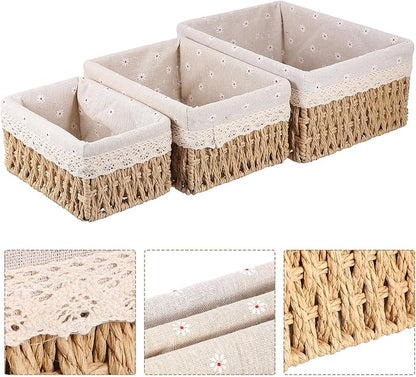 3pcs Woven Rattan Storage Basket for Desktop Organization Break-resistant Containers with Chic Beige Design for Home and Office Sundries Storage
