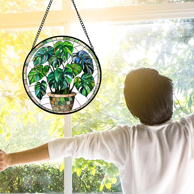 Stained Glass Window Hanging, Green Plant Monstera t Suncatcher Diamond Colorful Glass Panel Sun Catchers Decor for Birthday for Women, Men, Wife, Aunt, and Mom 9.8 in