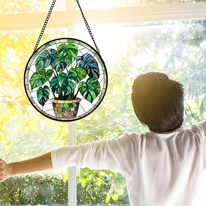 Stained Glass Window Hanging, Green Plant Monstera t Suncatcher Diamond Colorful Glass Panel Sun Catchers Decor for Birthday for Women, Men, Wife, Aunt, and Mom 9.8 in