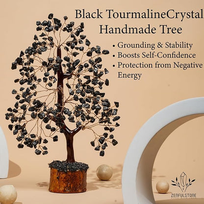 ZENFULSTONE Black Tourmaline Crystal Tree for Protection & Grounding from Negative Energy as Home & Office Decore | Handmade Bonsai for Protection | Perfect Cleansing Energy Gift for Mom & Dad