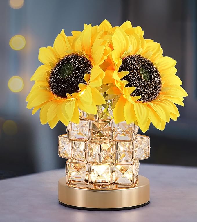 Sunflowers Flower Lamp,Rechargeable Cordless Touch Lamp,3-Colour Infinitely Dimming Small Night Light,Crystal Table Lamp,Christmas/Mother's Day/Birthday Gifts for Women,Home Decor.