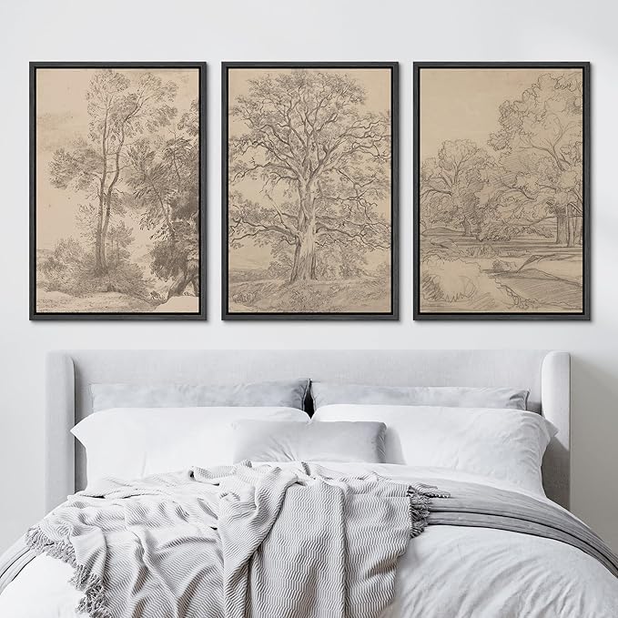 Ashbrook Framed Canvas Print Wall Art Set Retro Vintage Sketchbook Forest Country Landscape Farmhouse Decor Nature Wilderness Illustrations Floral Botanical Retro for Bedroom - 24"x36"x3 BLACK