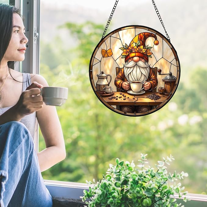 Stained Glass Window Hanging, Coffee Gnome Sun Catcher for Indoor Window Decoration, Stained Glass Coffee Nook/Corner Decor Gift for Women and Men G48 (6.3'')